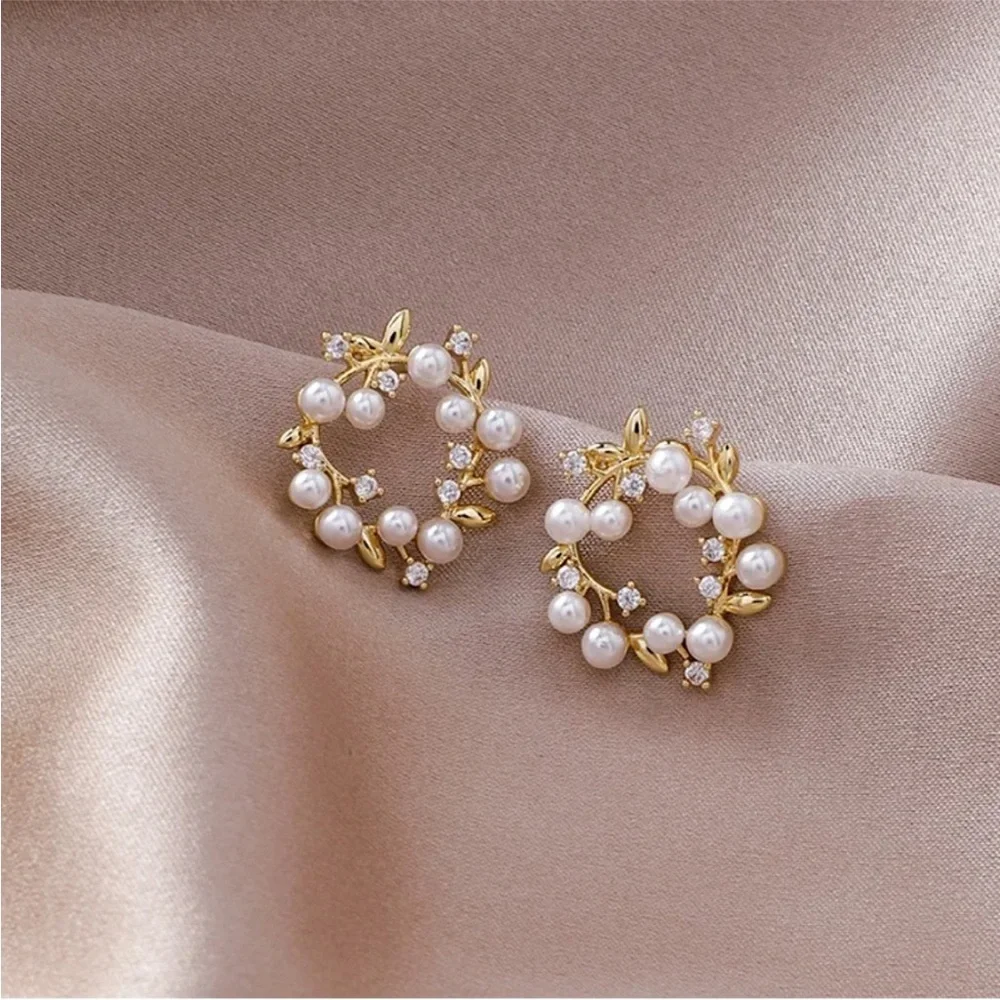 Faux Pearl and Diamond Floral Wreath Earrings